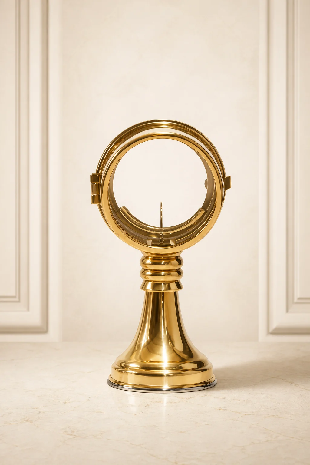Custodia litúrgica de orfebrería dorada con diseño circular y base cónica de la colección Lituarte.