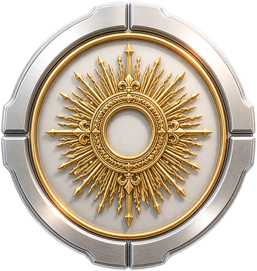 Icono de la línea Magestic de Lituarte en oro pulido con aro solar ornamentado, símbolo de máximo lujo y arte religioso católico premium.