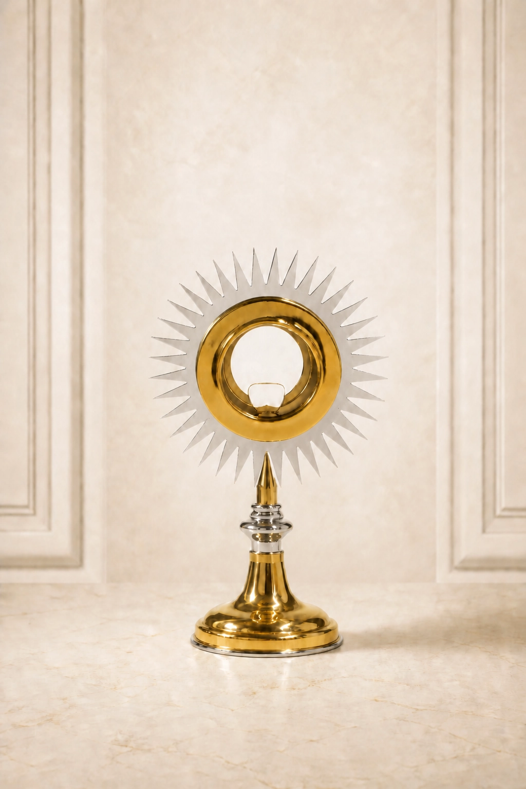 custodia-religiosa-lumen-ref.-2667-lituarte Custodia litúrgica de sol pequeña en latón con baño de oro y rayos plateados modelo 2667 de Lituarte.