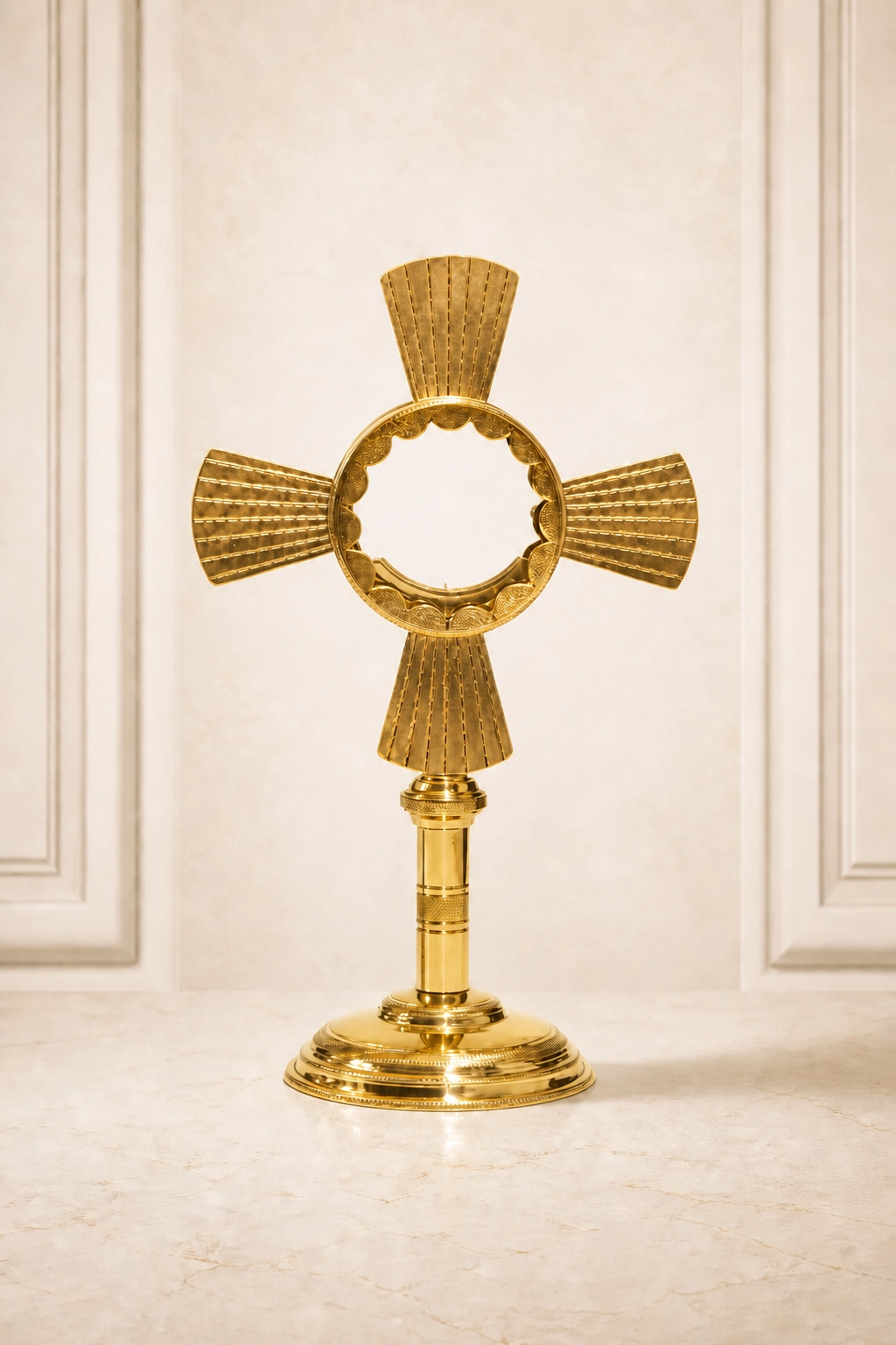 custodia-religiosa-lumen-ref.-2668-lituarte Custodia litúrgica en forma de cruz de bronce y latón dorado modelo 2668 de orfebrería Lituarte.