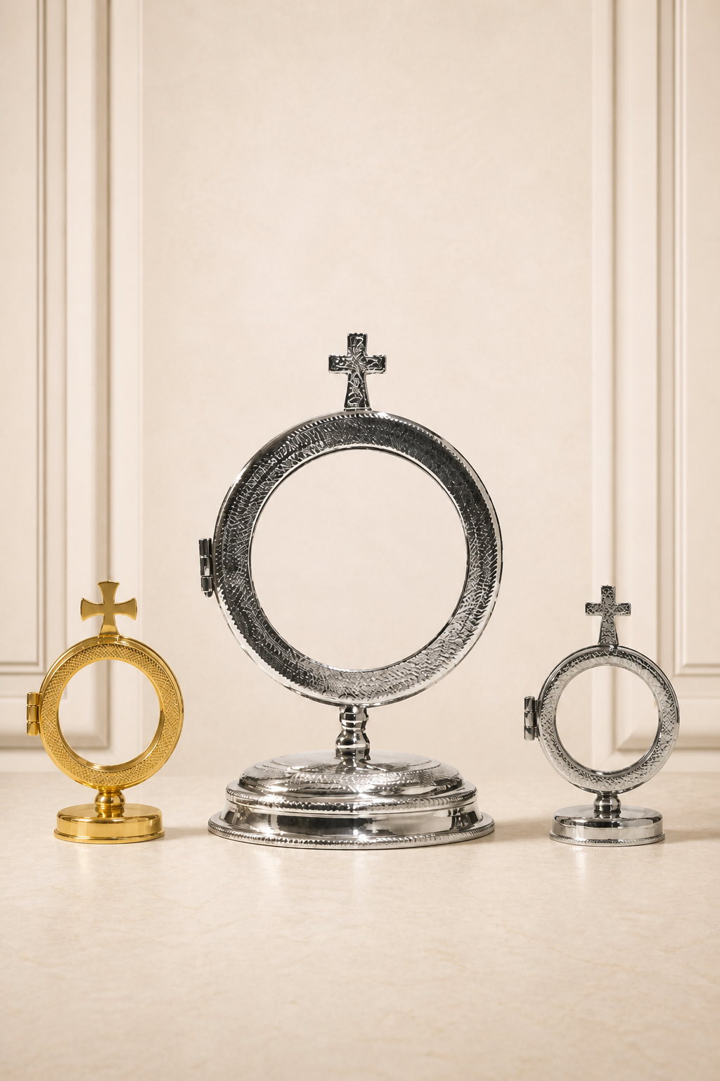 custodia-religiosa-lumen-ref.-2678-lituarte Conjunto de tres ostensorios católicos Referencia 2678 de Lituarte en distintos tamaños, acabados en níquel plateado y baño en oro con textura punteada.