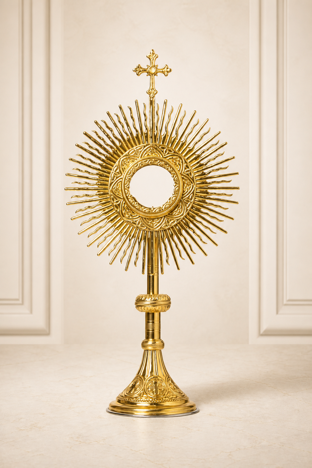 custodia-religiosa-lumen-ref.-2680-lituarte. Custodia de resplandor solar con rayos finos y cruz ornamental trilobulada, bañada en oro de tono cálido, Referencia 2680 de Lituarte.