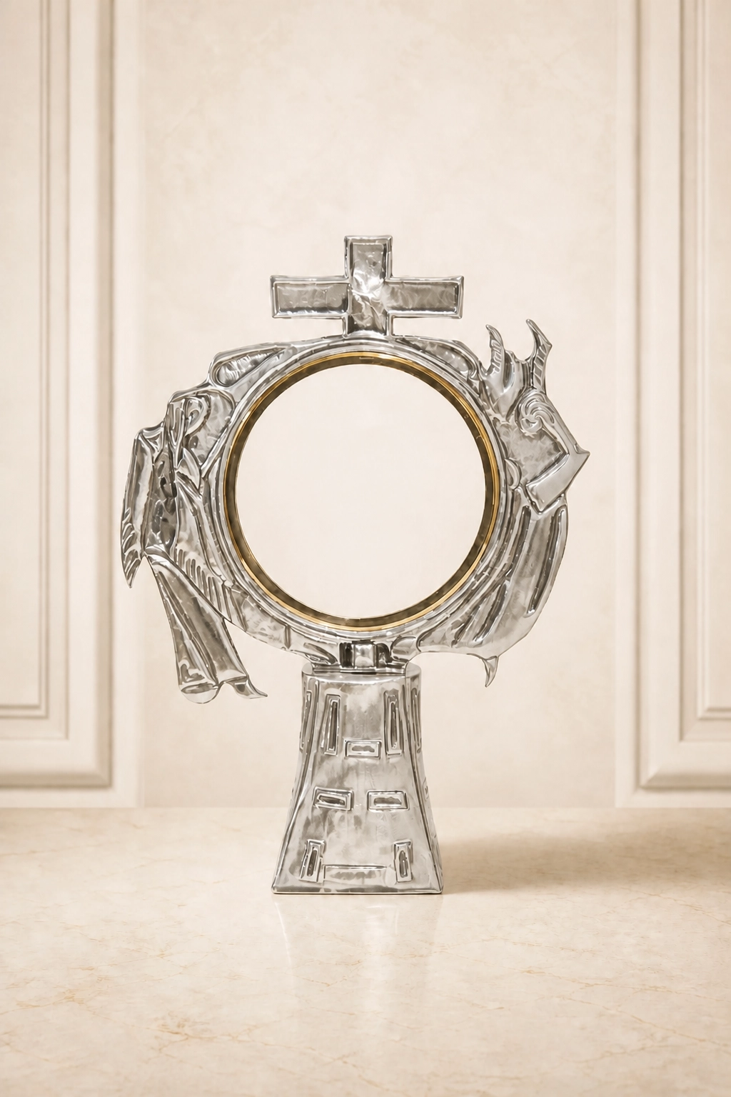 custodia-religiosa-lumen-ref.-2684-lituarte Custodia de estilo gótico fabricada en níquel pulido con aro interior bañado en oro y figuras de ángeles laterales, Referencia 2684 de Lituarte.