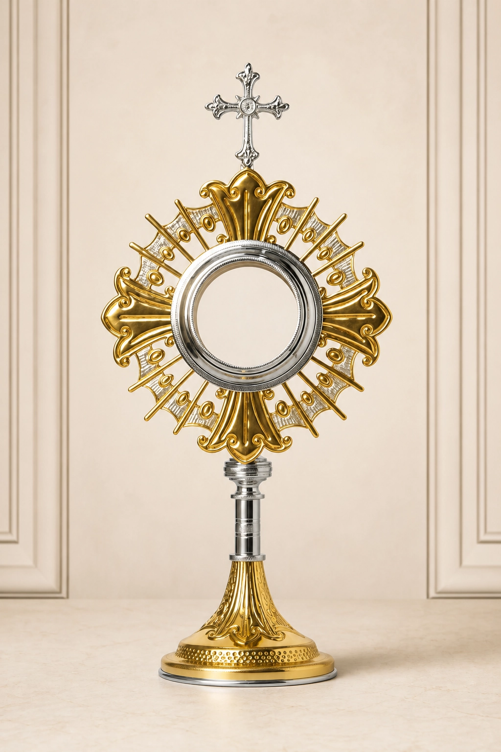 custodia-religiosa-lumen-ref.-2687-lituarte Custodia religiosa bicolor Referencia 2687 de Lituarte, con cuerpo circular de rayos calados en baño de oro y fuste plateado en níquel pulido.