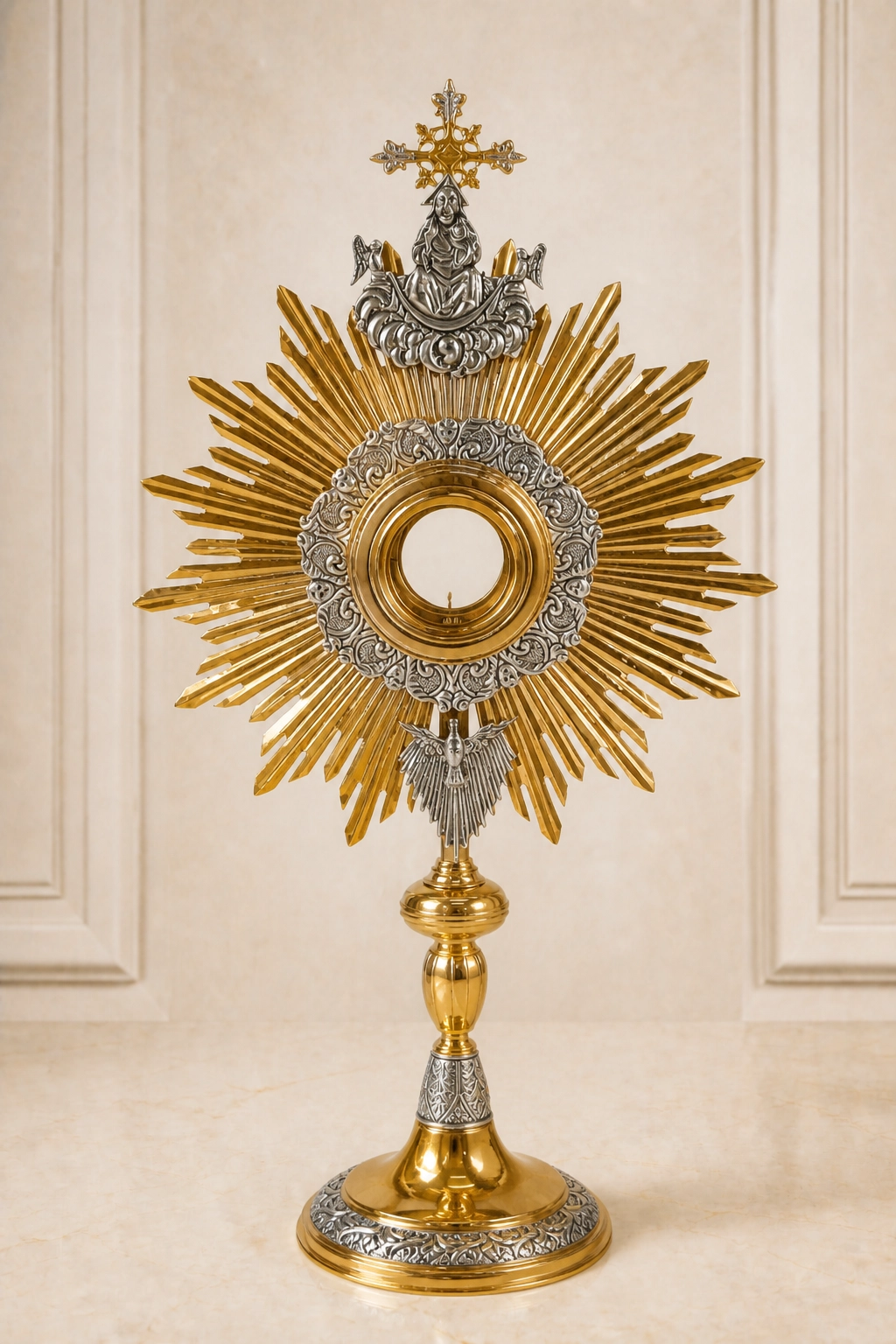 Custodia litúrgica con rayos dorados, marco plateado con relieves, figura religiosa, cruz ornamentada y base decorada
