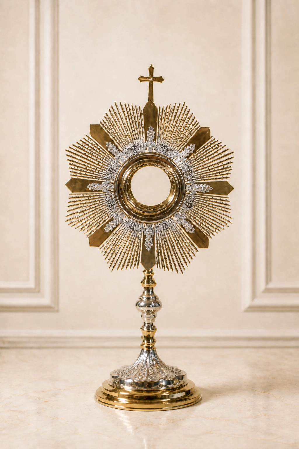 Custodia litúrgica con cruz superior, rayos finos, ornamentos circulares, soporte torneado y base escalonada