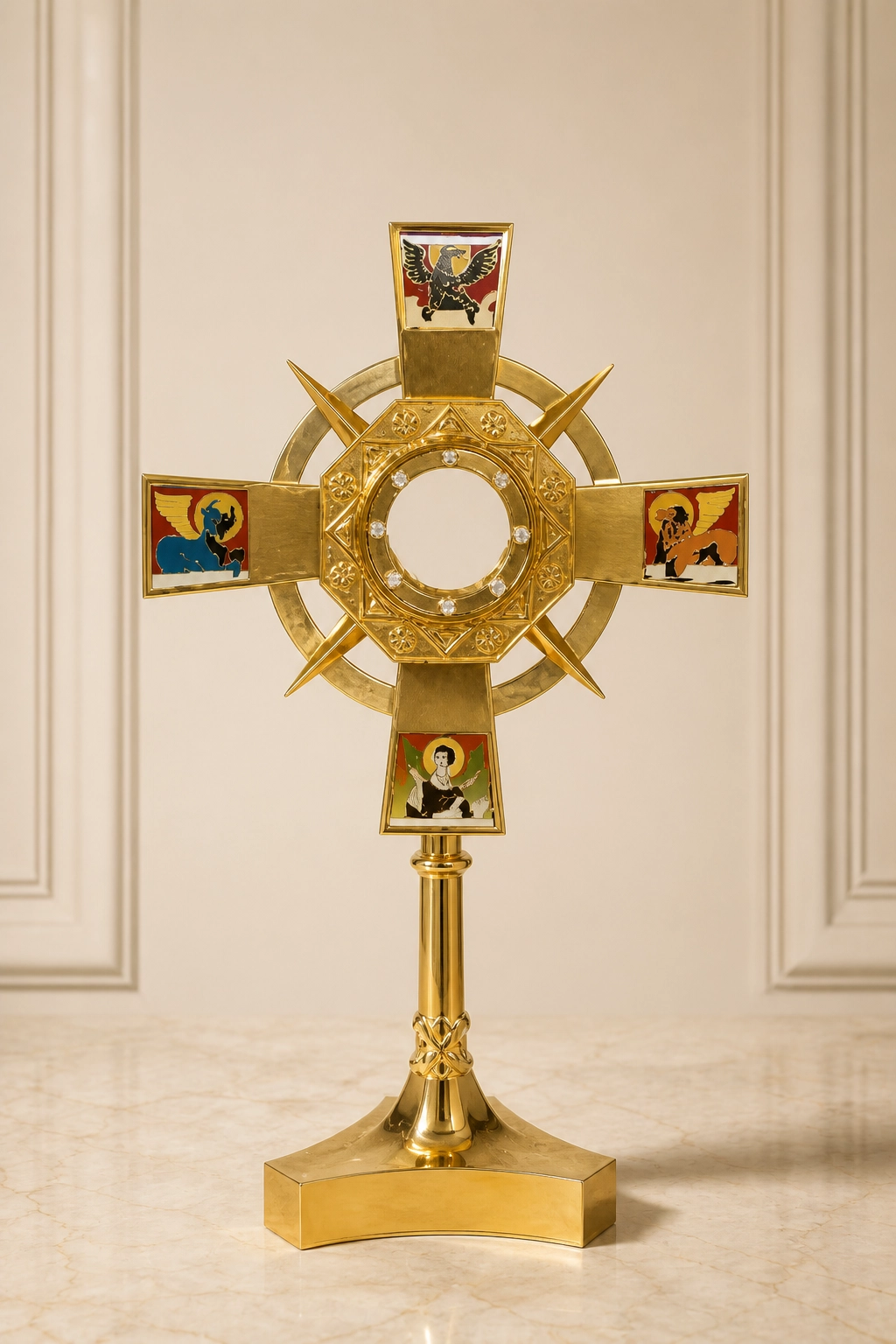 Pieza litúrgica dorada con estructura circular, conjunto octagonal, cuatro paneles decorativos, soporte y base geométrica