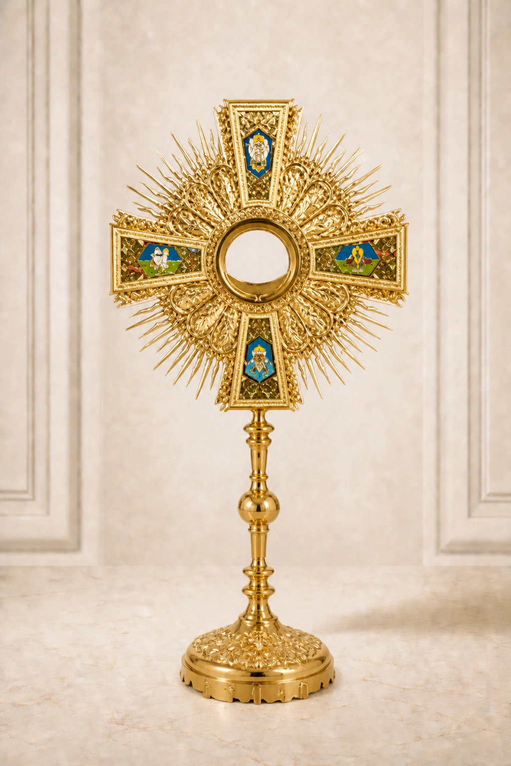 Custodia litúrgica dorada con rayos finos, cruz superior, paneles decorativos de color, asta torneada y base ornamentada