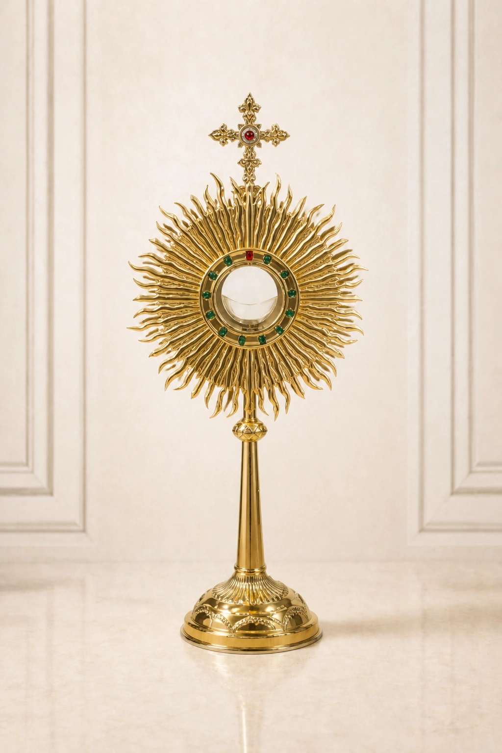 Pieza litúrgica circular dorada con rayos ondulados, cruz ornamentada, soporte recto y base decorada
