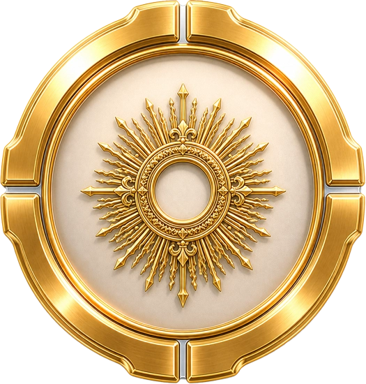 Icono de la línea Magestic de Lituarte en oro pulido con aro solar ornamentado, símbolo de máximo lujo y arte religioso católico premium.