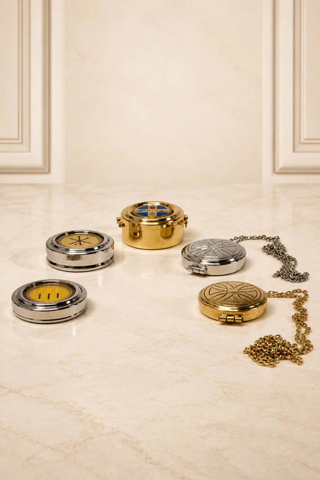 Cinco portaviáticos litúrgicos Lituarte, tres plateados y dos dorados, con diseños decorativos y cadenas sobre mármol crema