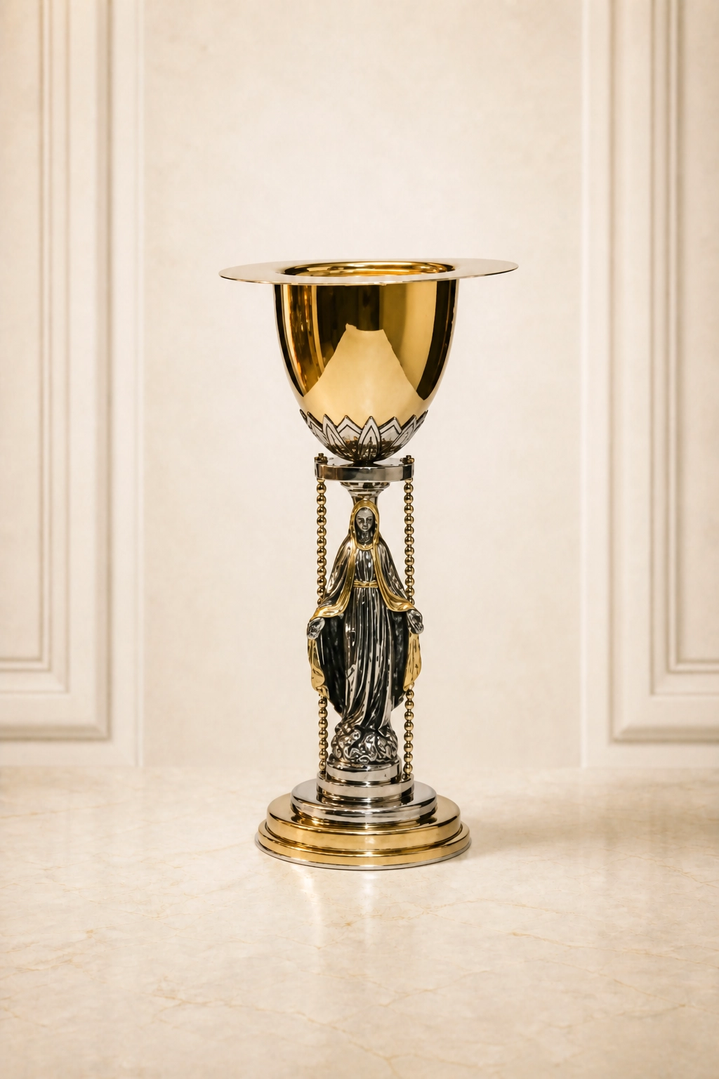 caliz-liturgico-con-figura-mariana-y-dosel Cáliz litúrgico bicolor con figura mariana central, estructura de columnas delgadas, copa dorada y base circular escalonada