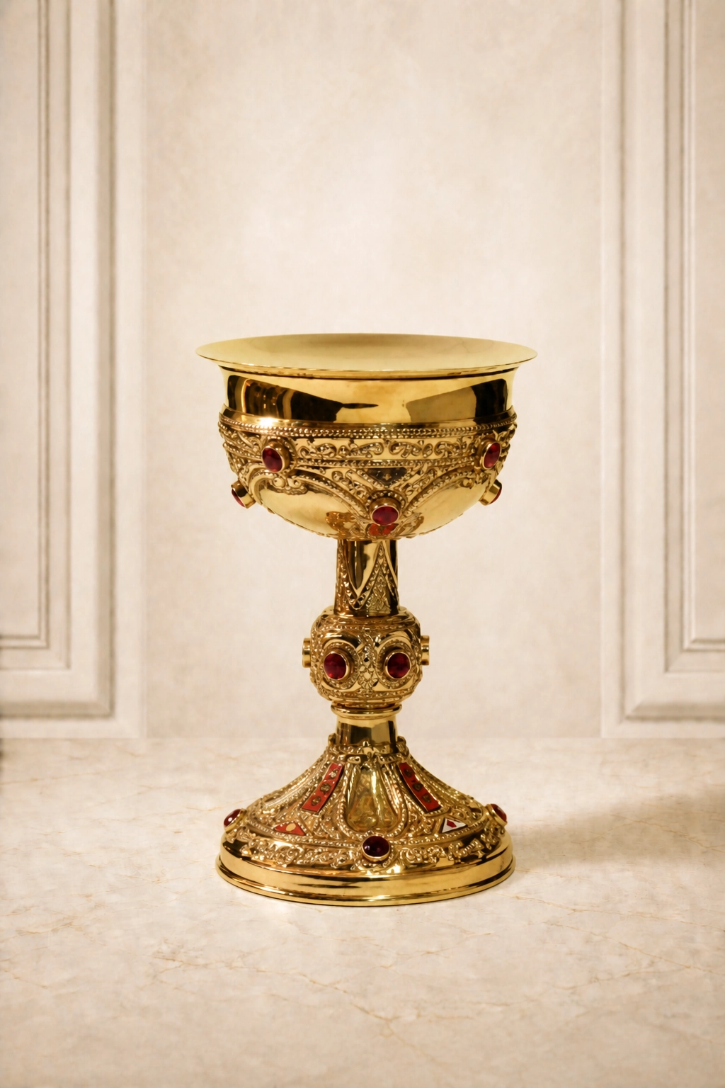 Cáliz litúrgico dorado con copa de borde ancho, banda ornamentada con piedras, nudo central y base decorada