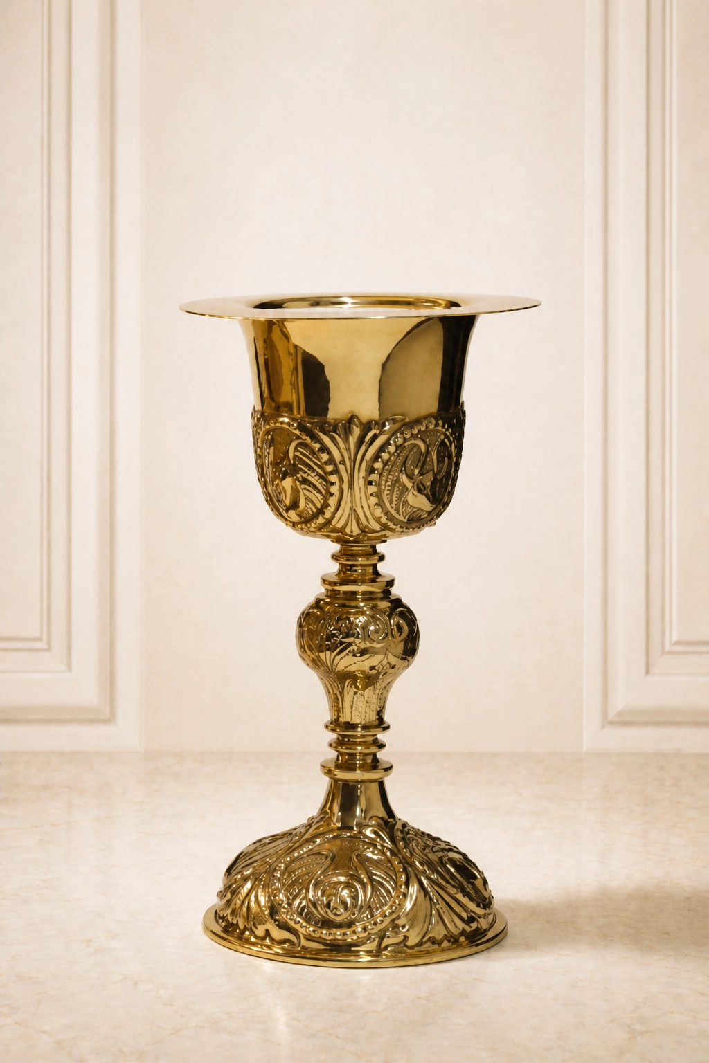 Cáliz litúrgico dorado con copa estilizada, subcopa ornamentada, nudo central esculpido y base acampanada con relieves