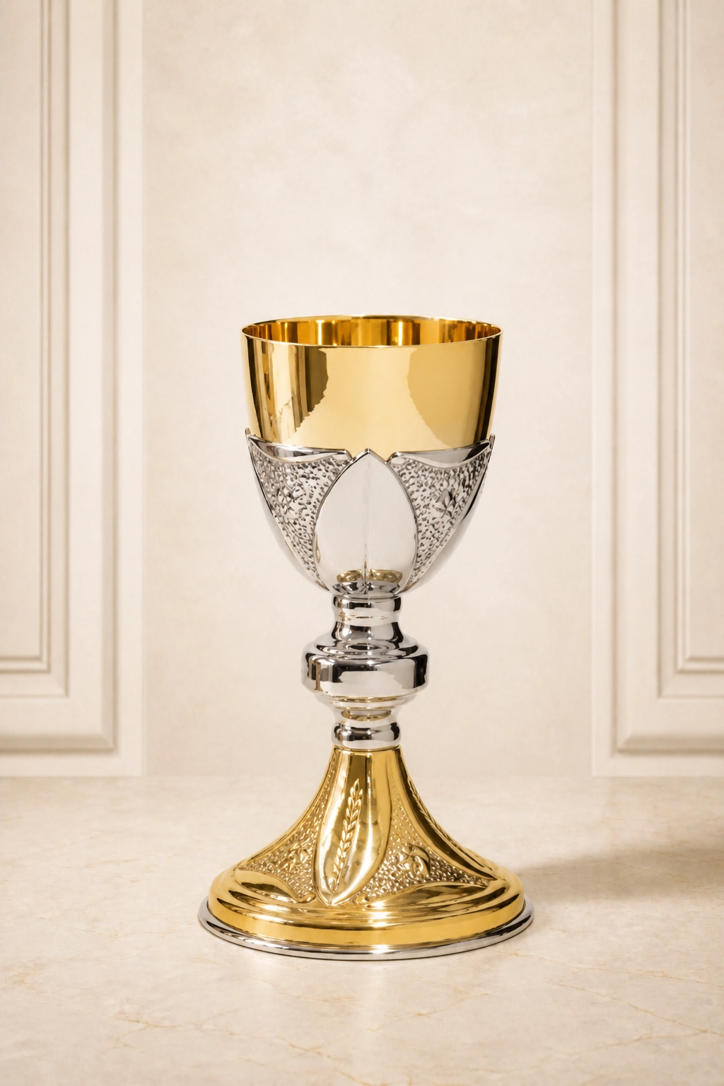 caliz-liturgico-lumen-ref.-2125-lituarte Cáliz litúrgico bicolor con copa de borde dorado, cuerpo plateado en relieve, nudo torneado y base dorada ornamentada