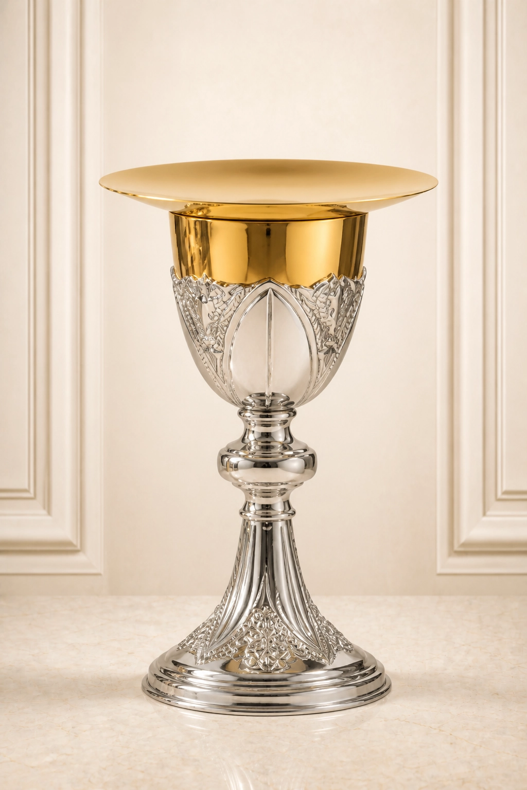 caliz-liturgico-lumen-ref.-2126-lituarte Cáliz litúrgico bicolor con patena dorada superior, copa con relieves ojivales plateados, nudo torneado y base circular escalonada