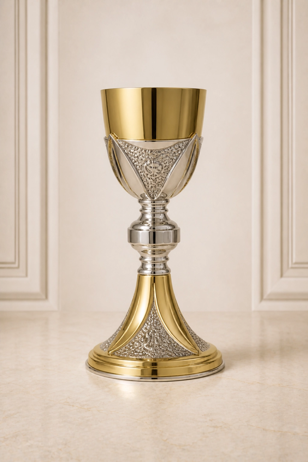 Cáliz litúrgico bicolor con patena superior, borde dorado brillante, relieves festoneados plateados en la copa y base acampanada ornamentada