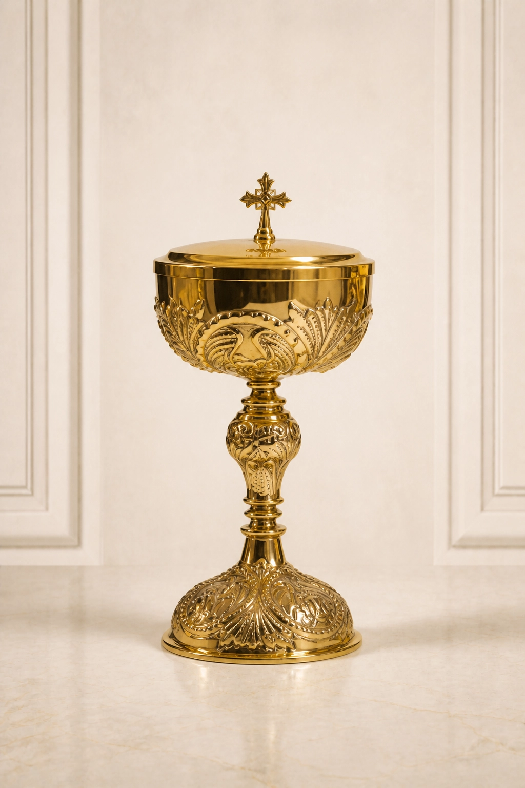 copon-liturgico-con-relieves-vegetales Copón litúrgico dorado con tapa, cruz superior, relieves vegetales, fuste ornamentado y base acampanada