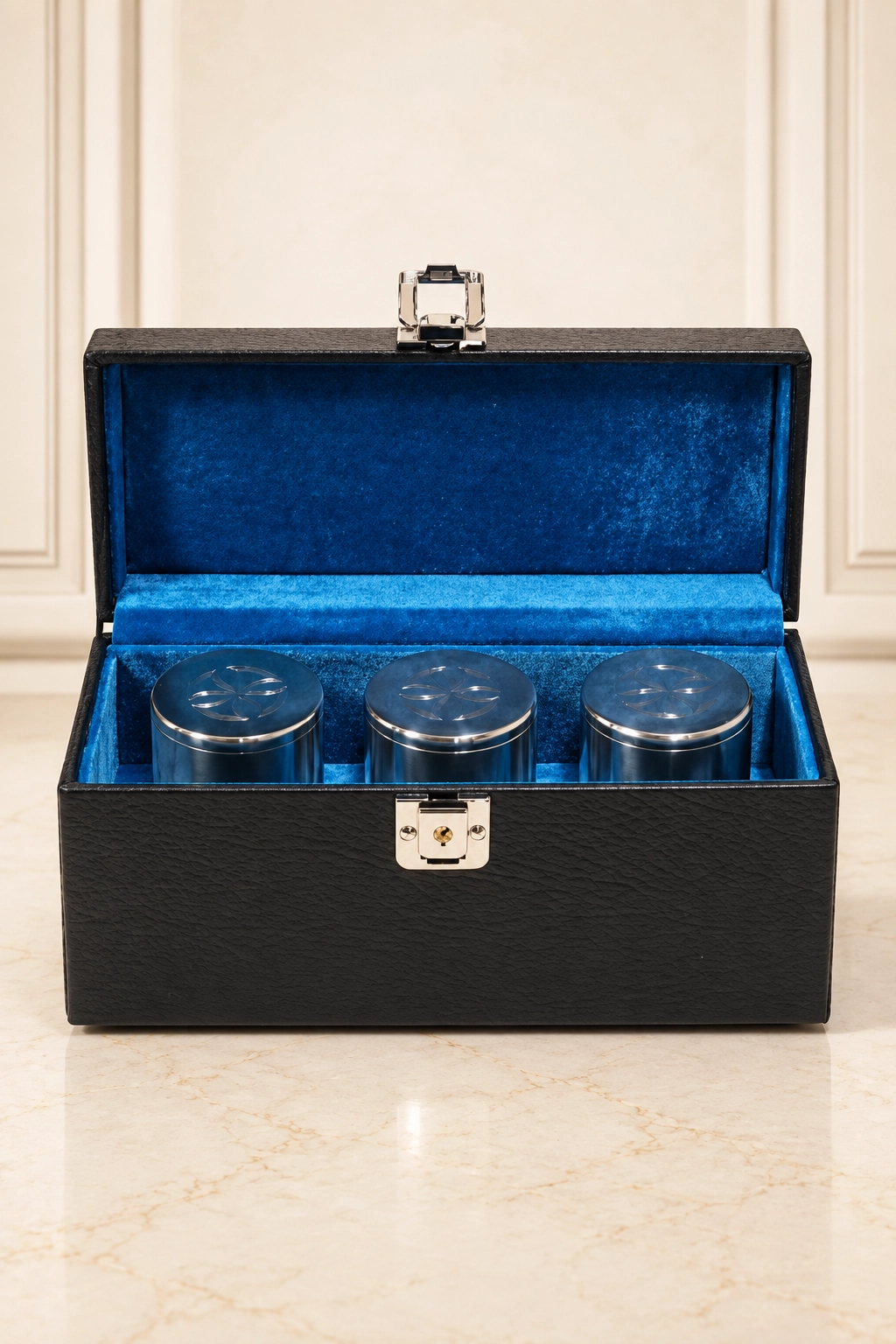 Estuche para crismeras litúrgicas abierto con interior en terciopelo azul y tres recipientes plateados sobre base de mármol crema de Lituarte.