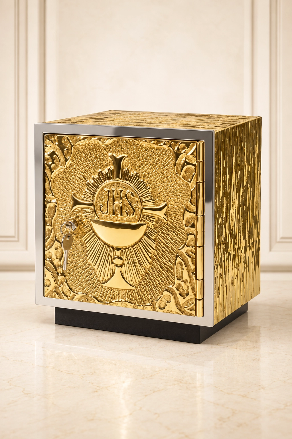 Sagrario Lituarte Ref. 3457 con puerta dorada en relieve, cáliz eucarístico, Sagrada Hostia con monograma IHS, marco plateado y base oscura.