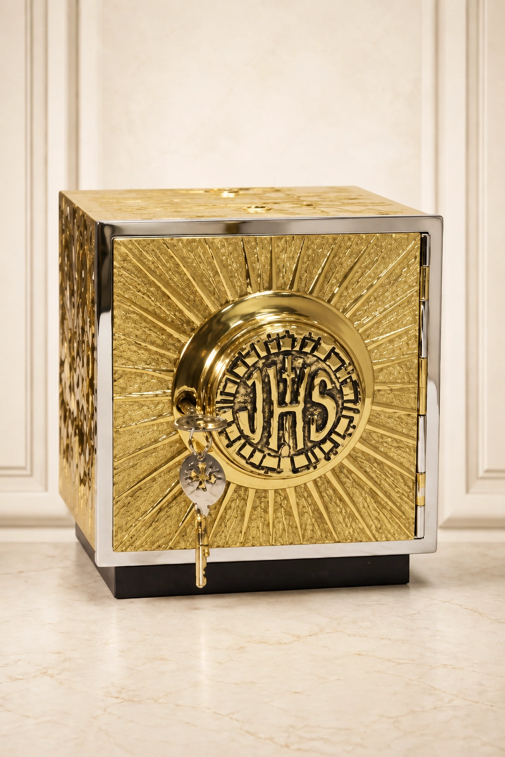 Sagrario Lituarte Ref. 3456 con puerta circular entreabierta, monograma IHS, relieve radial, cerradura y llave.