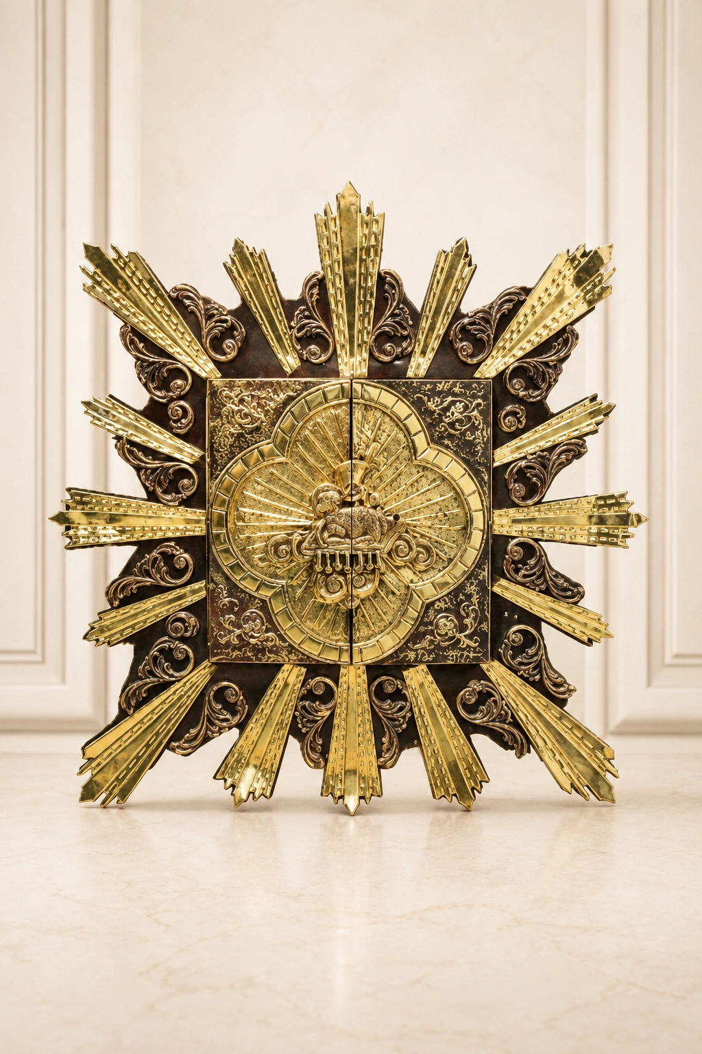 sagrario-eucaristico--ref-4066-lituarte Sagrario Lituarte cuadrado con puertas cerradas, resplandor de rayos, medallón central circular y volutas ornamentales oscuras.