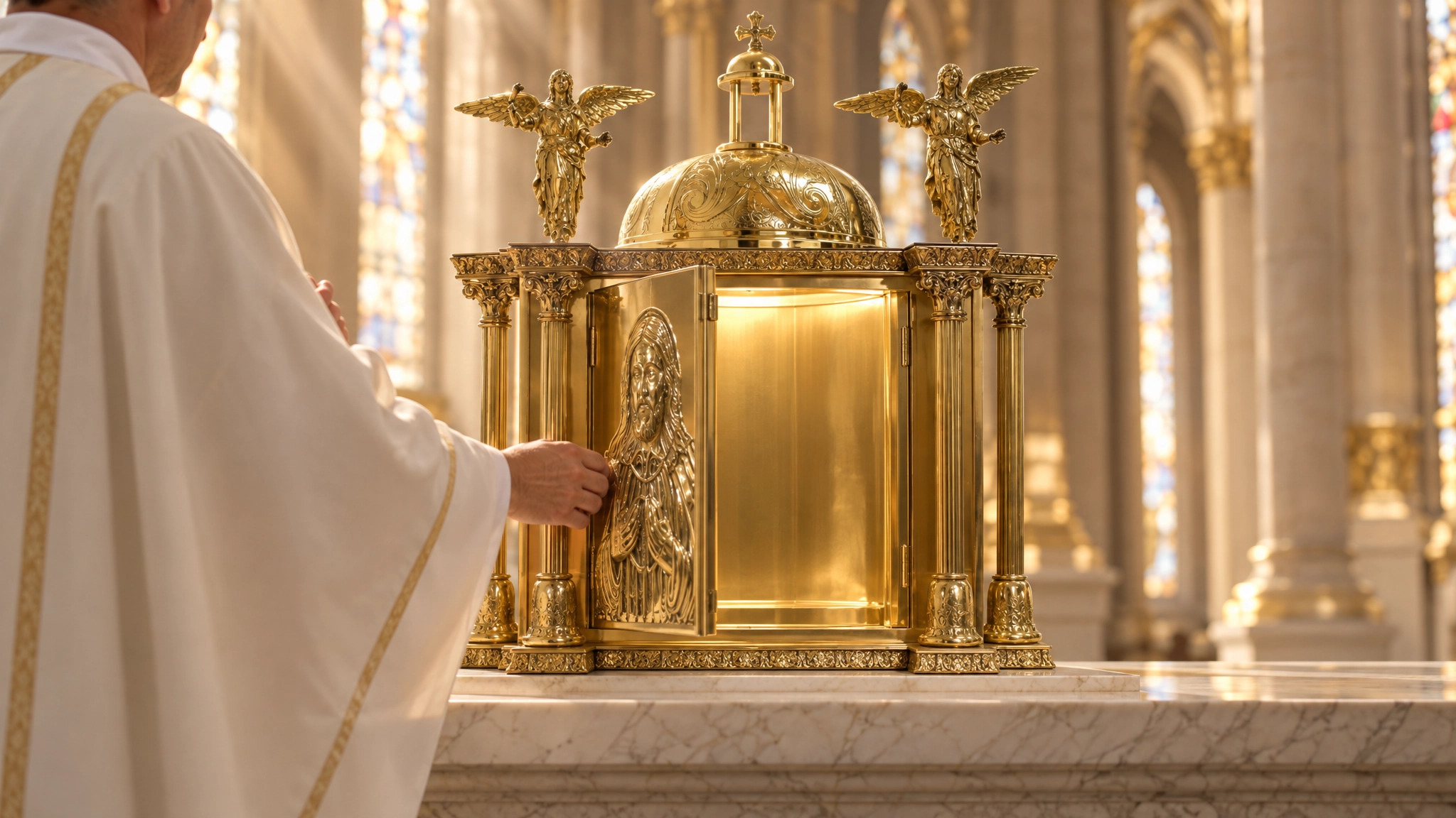 sagrario-liturgico-en-uso-iglesia-ref-2845-lituarte Sacerdote abriendo la puerta de un sagrario litúrgico sobre el altar de una iglesia.
